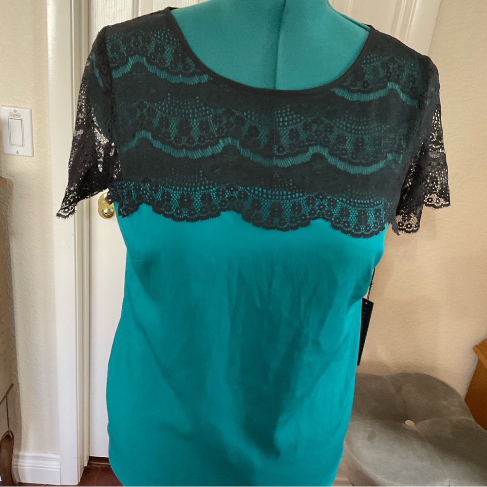 NWT teal blouse with black sheer sleeves and shoulders
